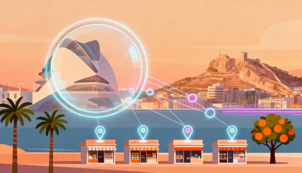 Illustration der Region Valencia mit Geschäften, die über digitale Standortmarkierungen und Vernetzungen sichtbar gemacht werden – Symbol für lokale Online-Sichtbarkeit und modernes digitales Marketing. KI-generiert.