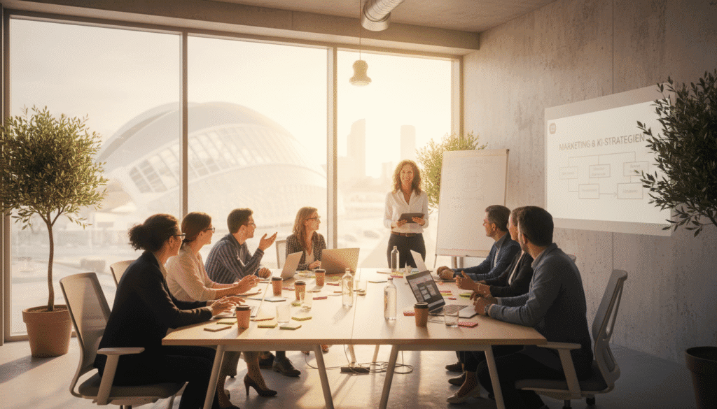 Weiterbildung für Unternehmen: Team diskutiert KI-Marketingstrategien in modernem Konferenzraum. KI-generiert.