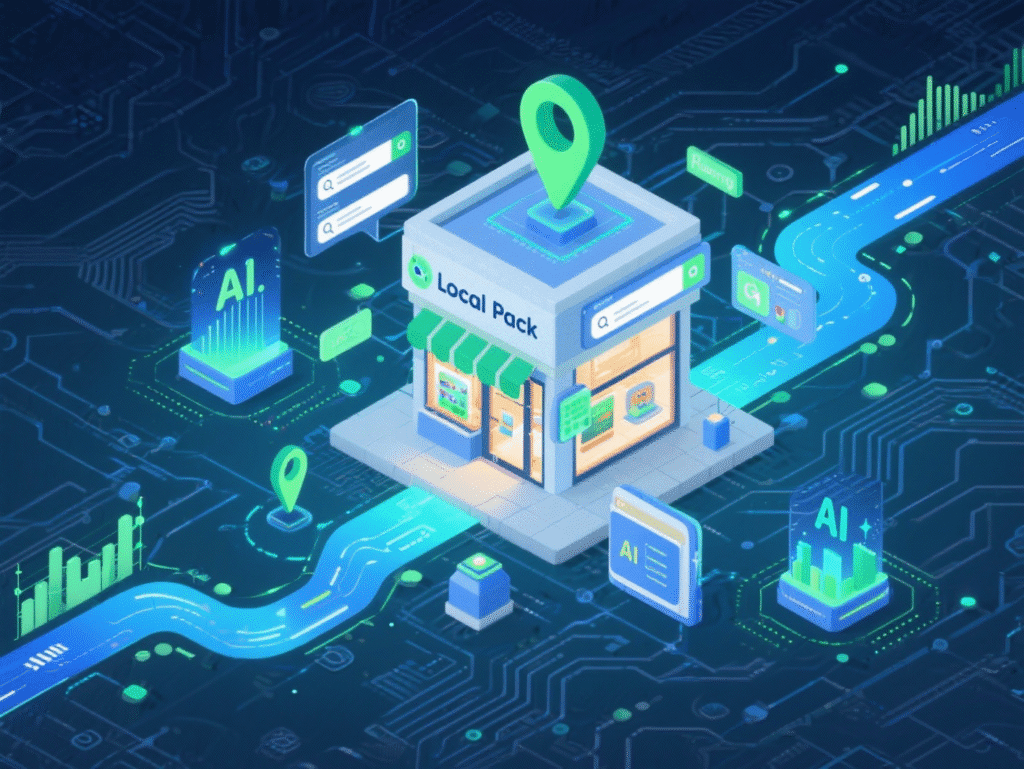 Stilisiertes Geschäft im digitalen Raum mit KI-Symbolen und Standort-Markern. KI-generiert.