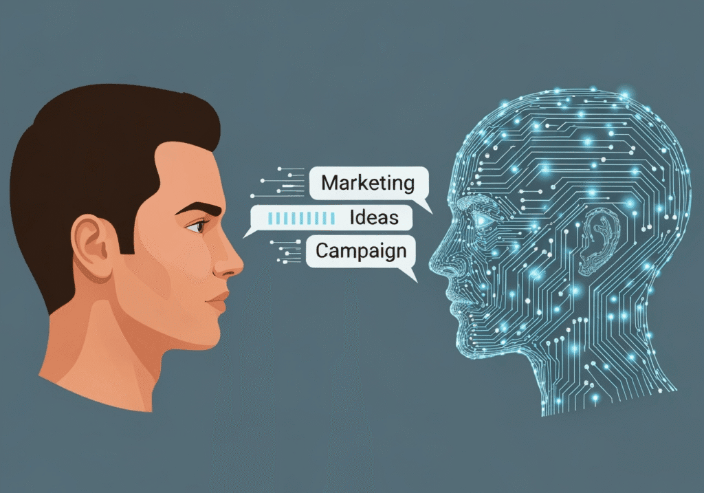 Mensch blickt einer digitalen KI gegenüber, zwischen ihnen Begriffe wie „Marketing“ und „Ideen“. KI-generiert.