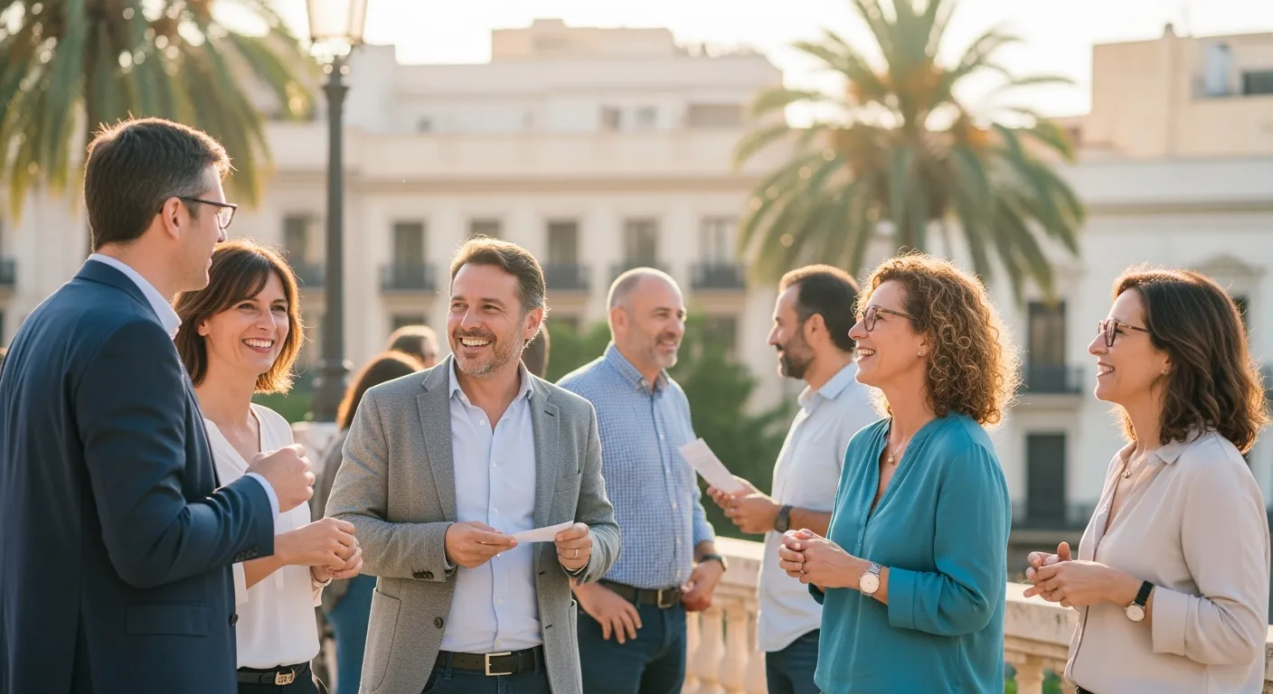 Gruppe von Berufstätigen beim Networking in Valencia im Freien – Symbol für Austausch, lokale Business-Community und Expat-Verbindungen. KI-generiert.