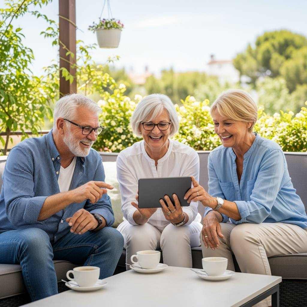 Digitaler Souveränität Ü50 – drei ältere Personen lernen gemeinsam am Tablet in freundlicher Outdoor-Atmosphäre.