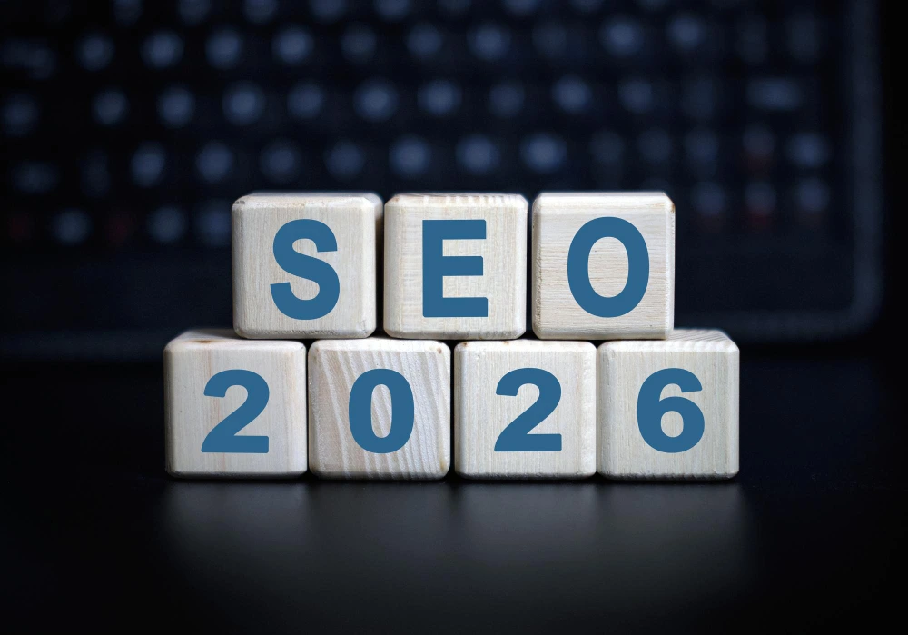 Holzblöcke mit dem Schriftzug "SEO 2026" vor einem verschwommenen Hintergrund, passend für Themen rund um Suchmaschinenoptimierung im Jahr 2026.