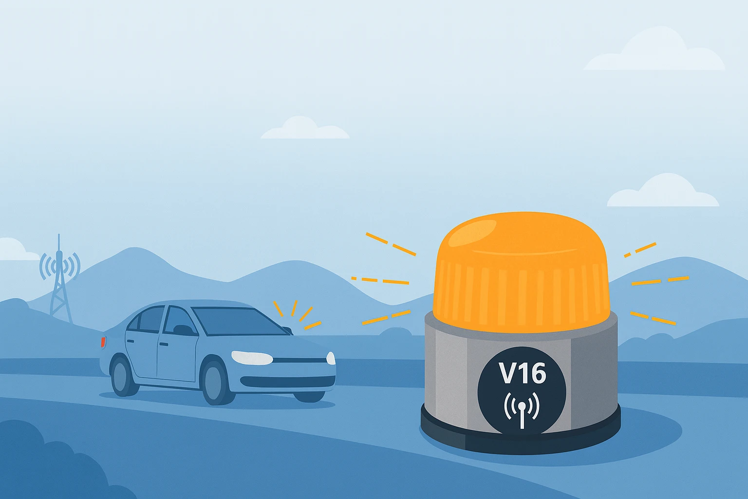 Illustration einer aktivierten Baliza V16 neben einem Fahrzeug auf einer Landstraße, vor hügeliger Landschaft und Sendemast – symbolisiert digitale Warnfunktion und Verkehrssicherheit in Spanien.