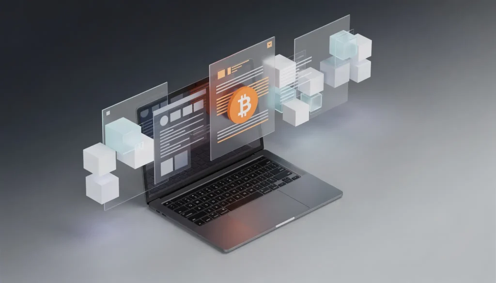 Isometrische Darstellung eines Laptops mit modularen Inhalten und Blockchain-Elementen als Visualisierung von Bitcoin Content-Erstellung und digitaler Wissensvermittlung
