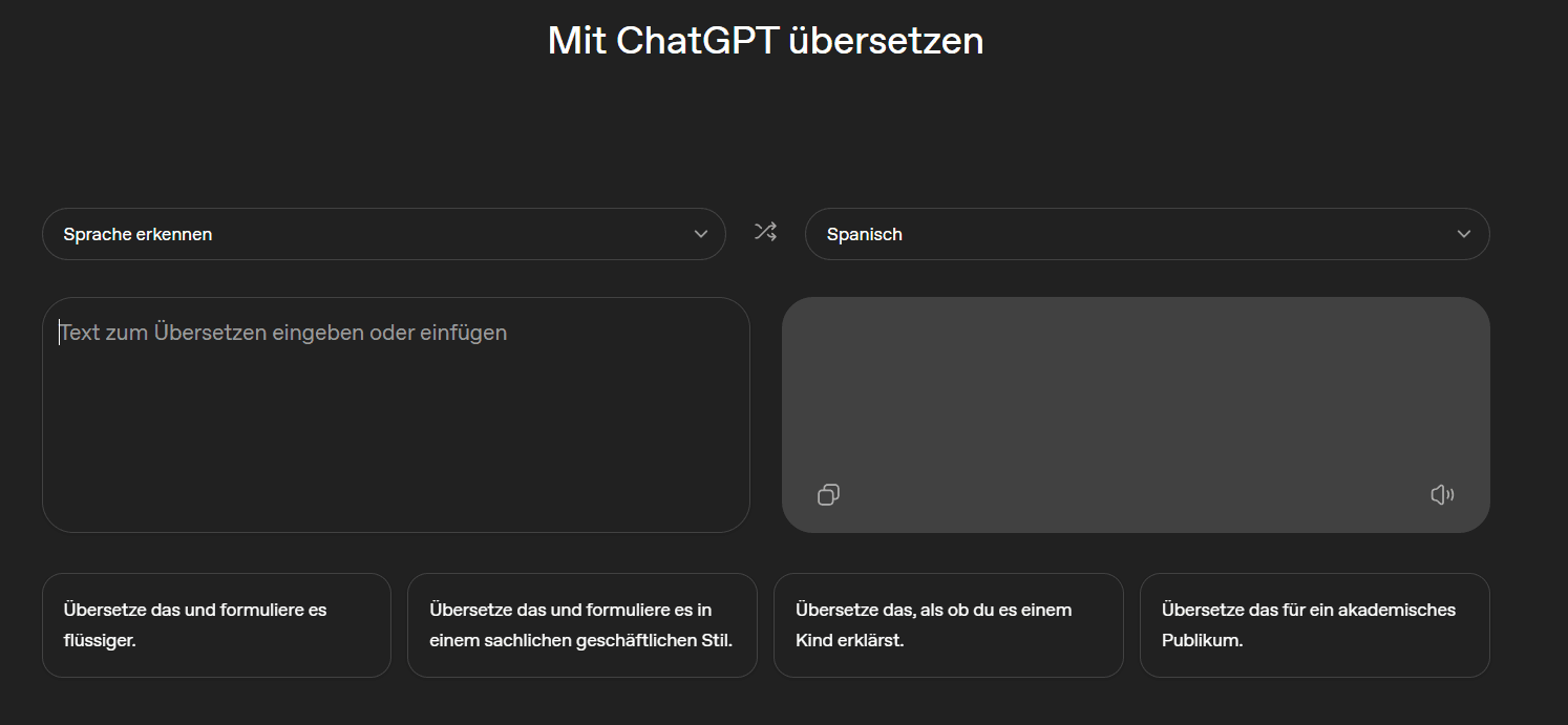 ChatGPT Übersetzer für Deutsch und Spanisch – Screenshot der ChatGPT-Translate-Oberfläche.