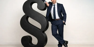 Anwalt lehnt am Paragraph