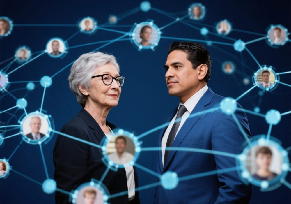 Ältere Frau und jüngerer Mann stehen vor digitalem Netzwerk aus verknüpften Profilbildern bestehend aus verschiedenen Usern wie Expats, Residenten, Experten, Unternehmer.